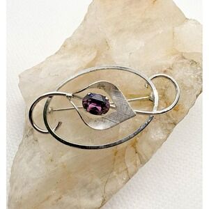 Vintage Van Dell Sterling Silver Modernist Brooch Purple Rhinestone Mid Century